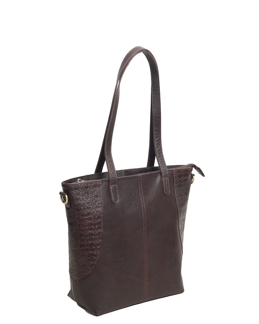 Baron Embossed Heritage Tote in Deep Brown leather, side