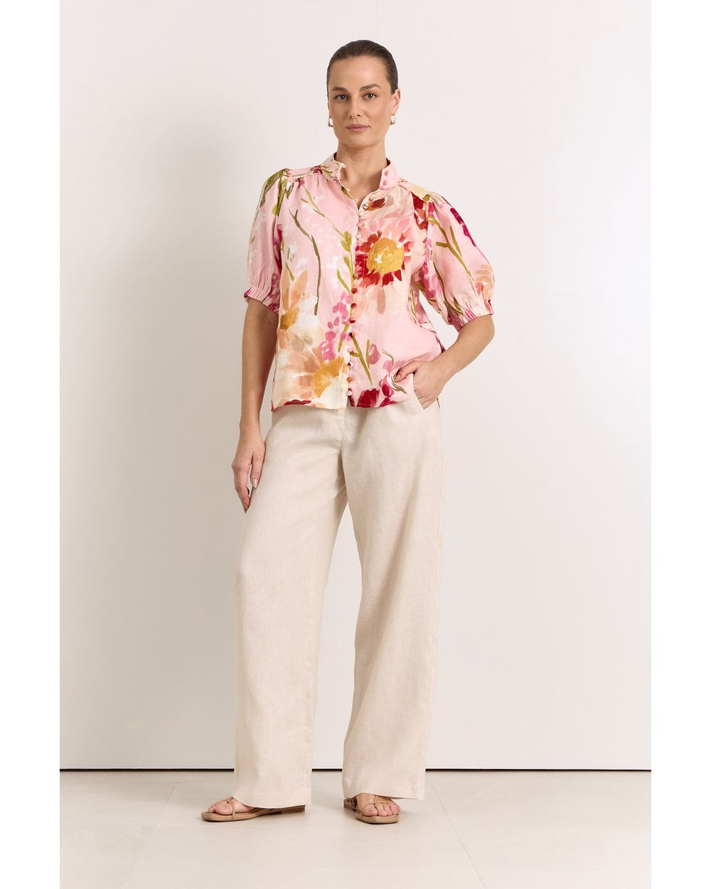 Adorne Lilian Linen Top in Cotswolds print, front view