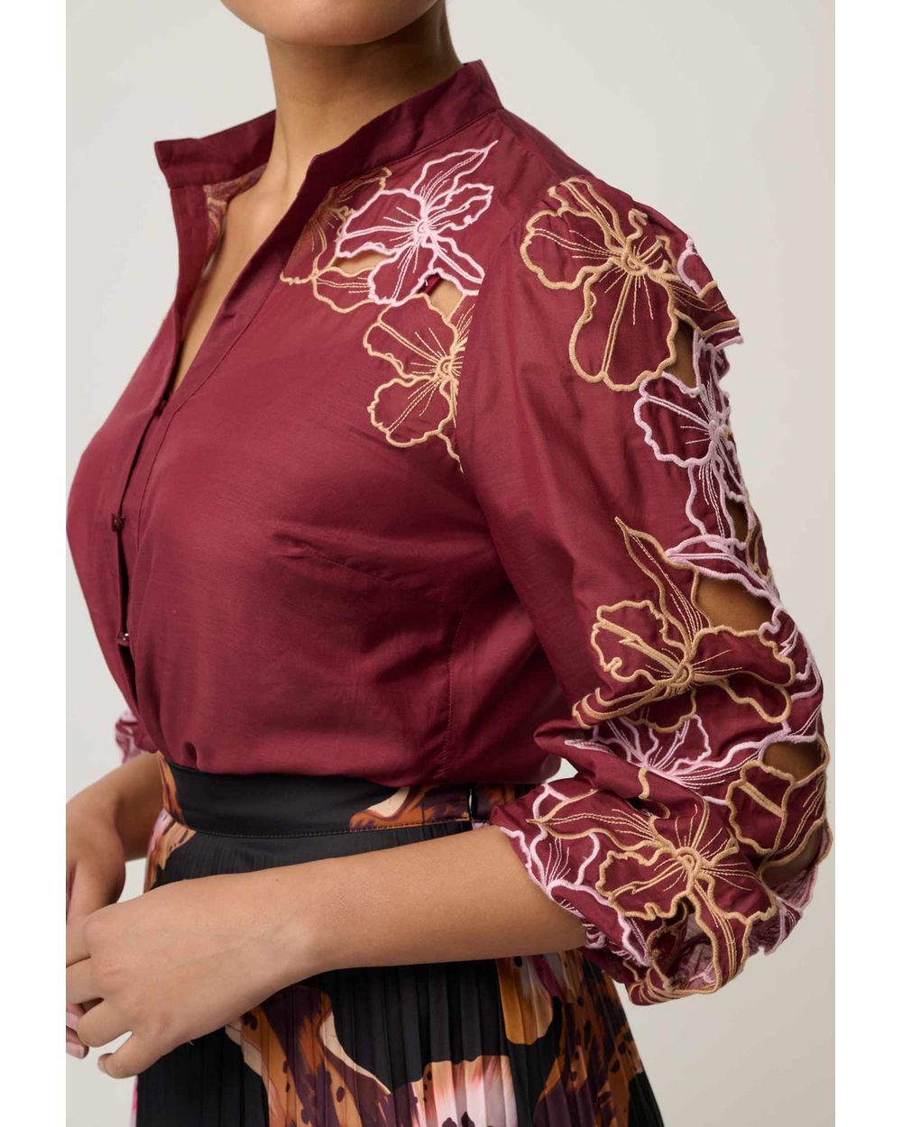 Maren Embroidered Cotton Silk Blouse (Garnet Orchid)