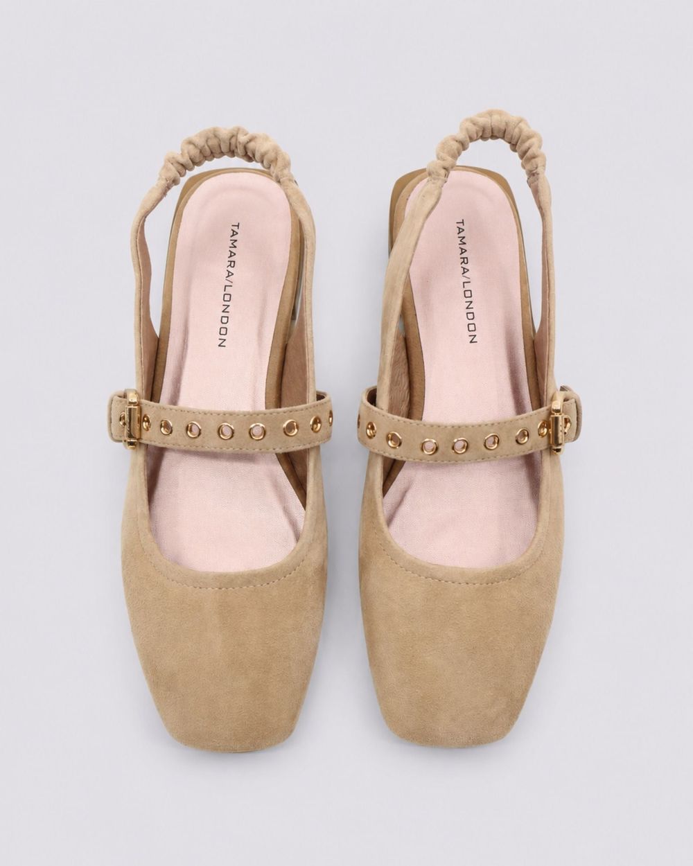 Tamara London Blast slingback flat in sand suede, styled view