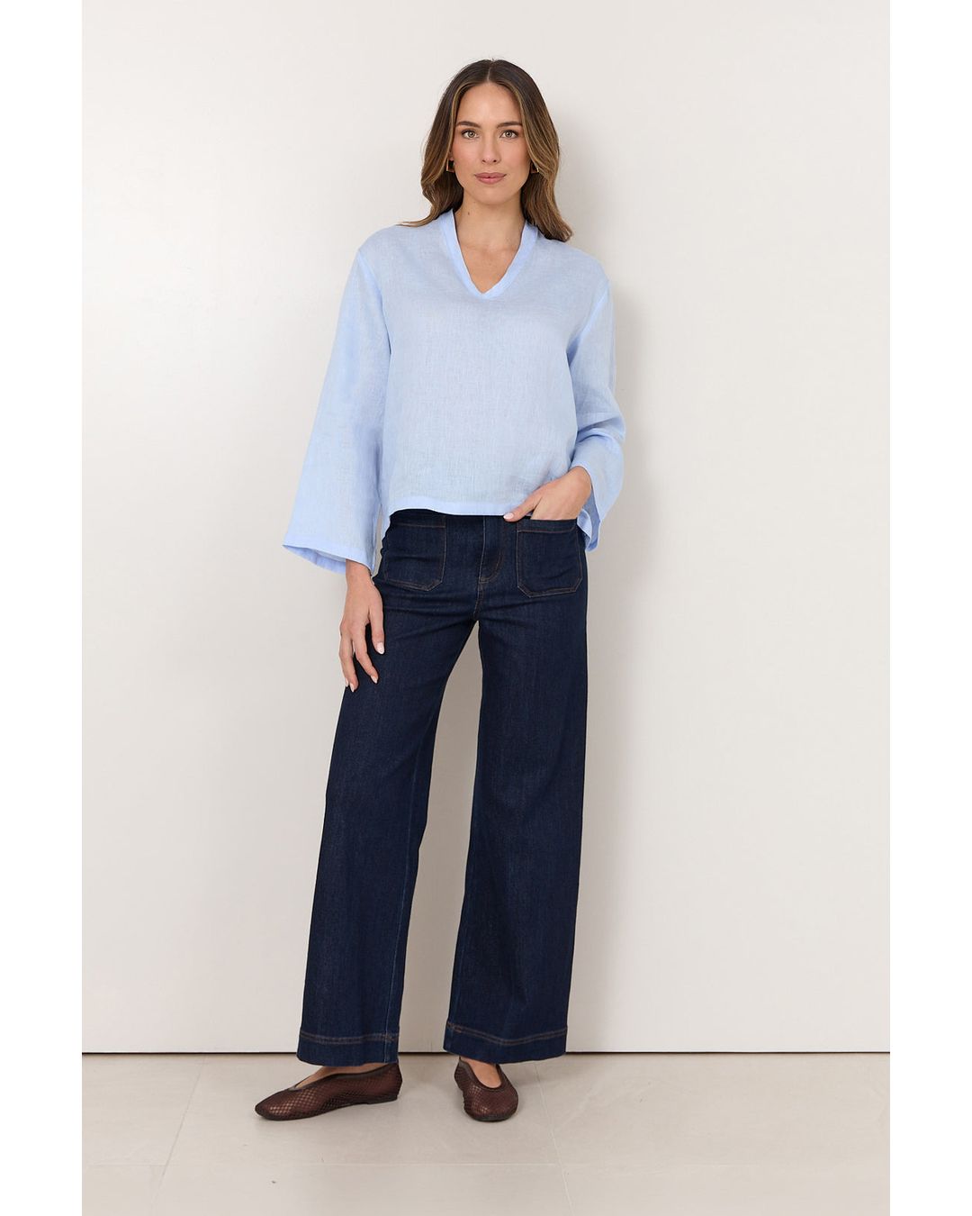 Adorne Luka Lightweight Linen Top in Light Blue
