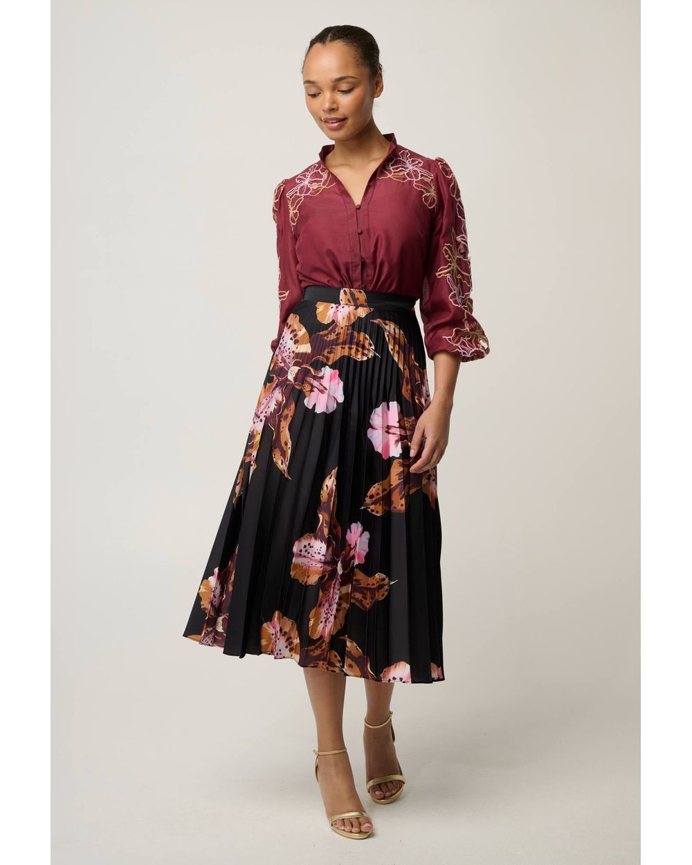 Maren Embroidered Cotton Silk Blouse (Garnet Orchid)