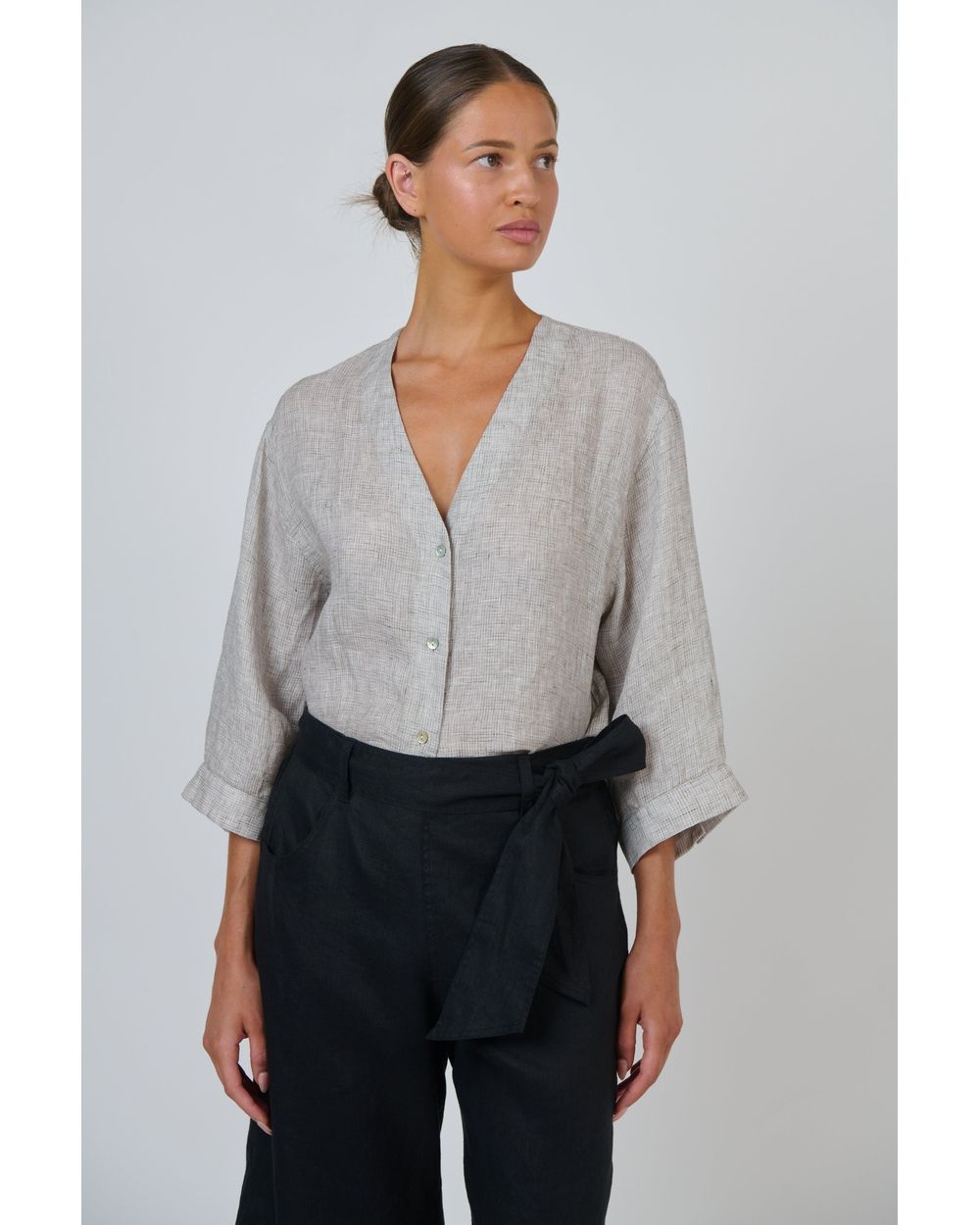 Naturals by O&J linen top in chai, front view