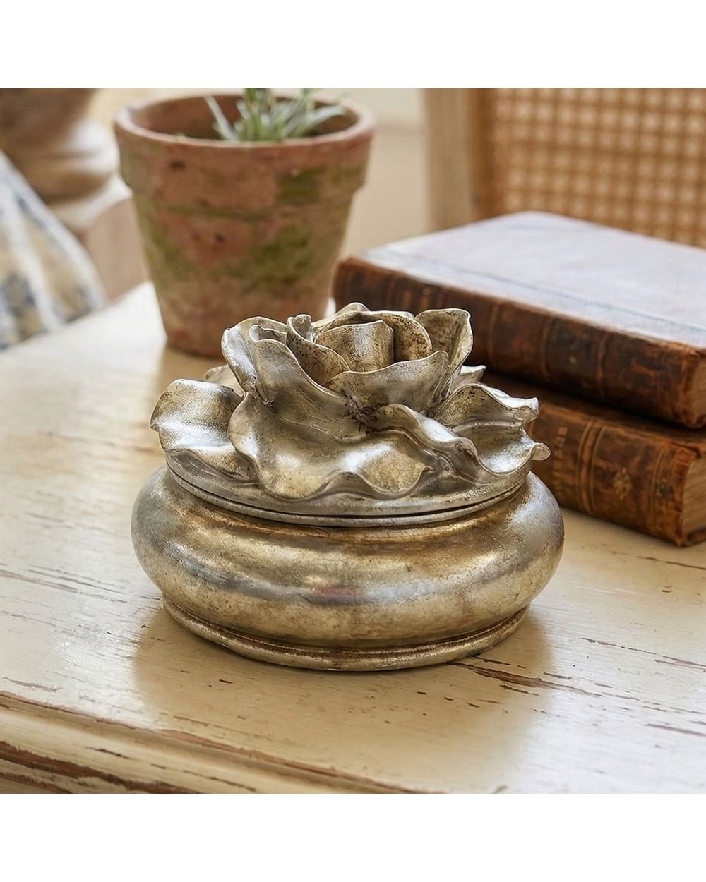 Camelia Large Round Trinket Box Pewter Finish