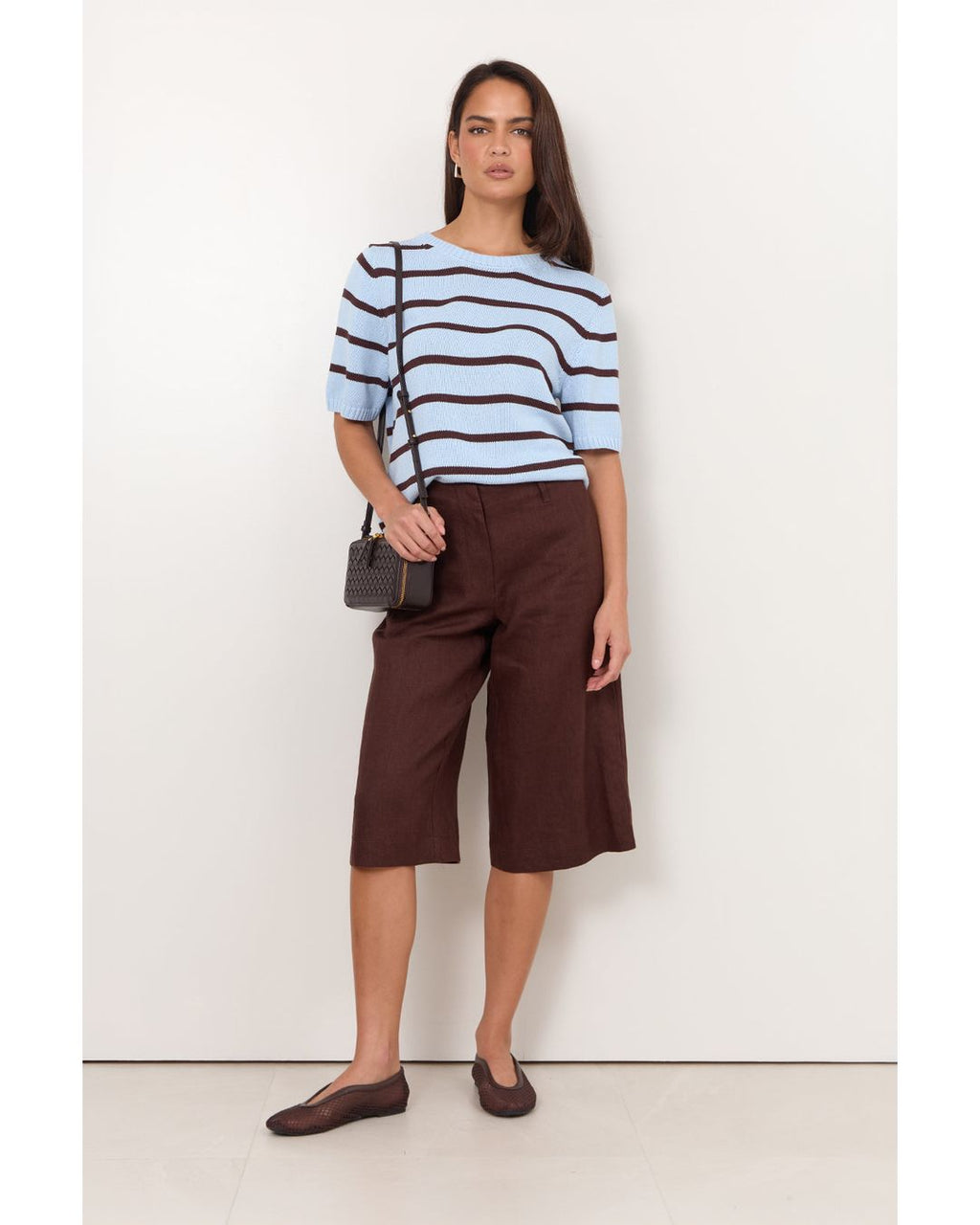 Adorne Kai Stripe Knit Top in Blue/Chocolate