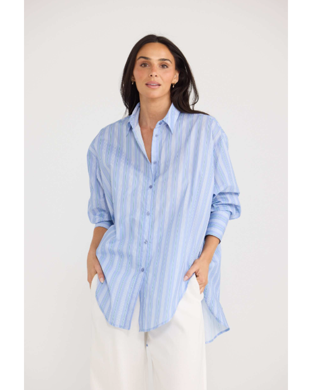 Brave + True Homestead Shirt in Light Blue Stripe, front view