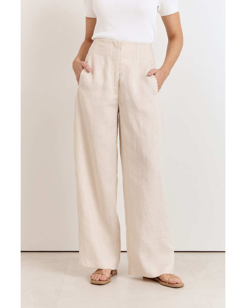 Adorne Tamsen Linen Pant in stone, front view