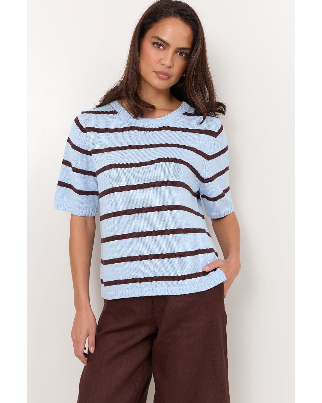 Adorne Kai Stripe Knit Top in Blue/Chocolate
