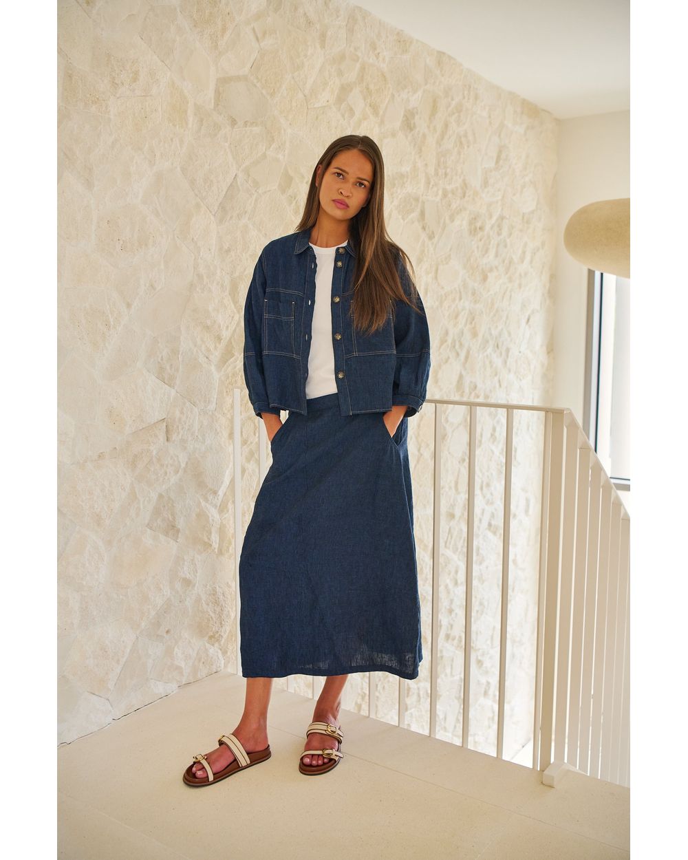 Naturals by O&J linen skirt in eclipse, styled view