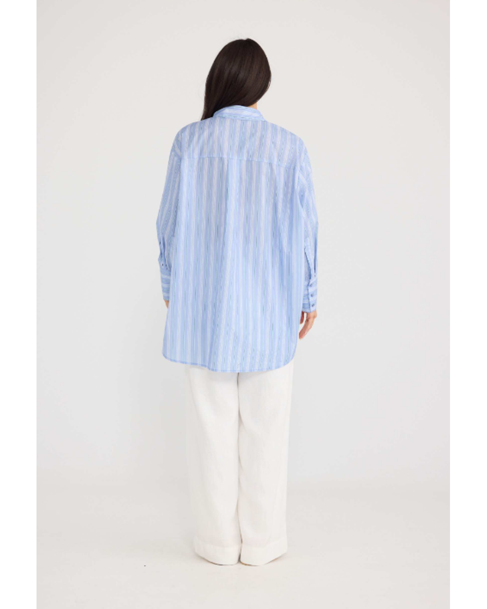 Brave + True Homestead Shirt in Light Blue Stripe, front view
