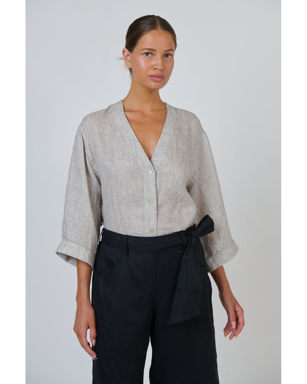 Naturals by O&J linen top in chai, styled view