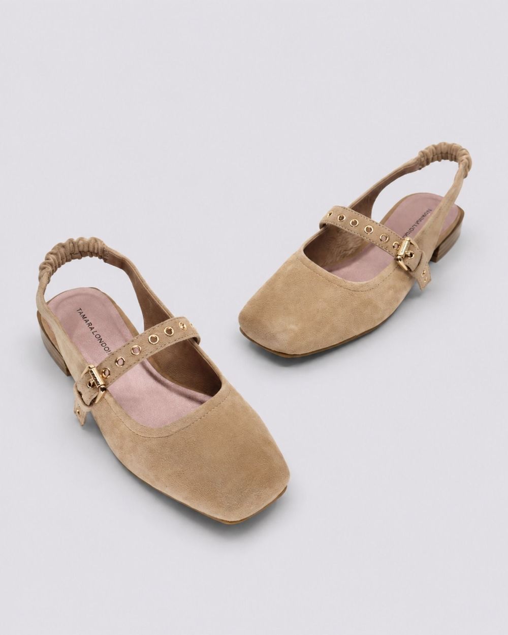 Tamara London Blast slingback flat in sand suede, buckle detail