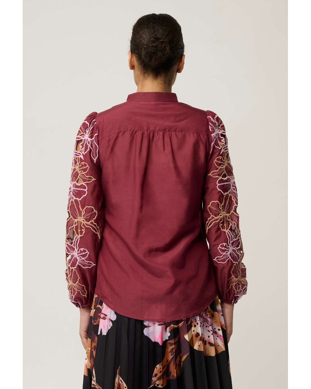 Maren Embroidered Cotton Silk Blouse (Garnet Orchid)