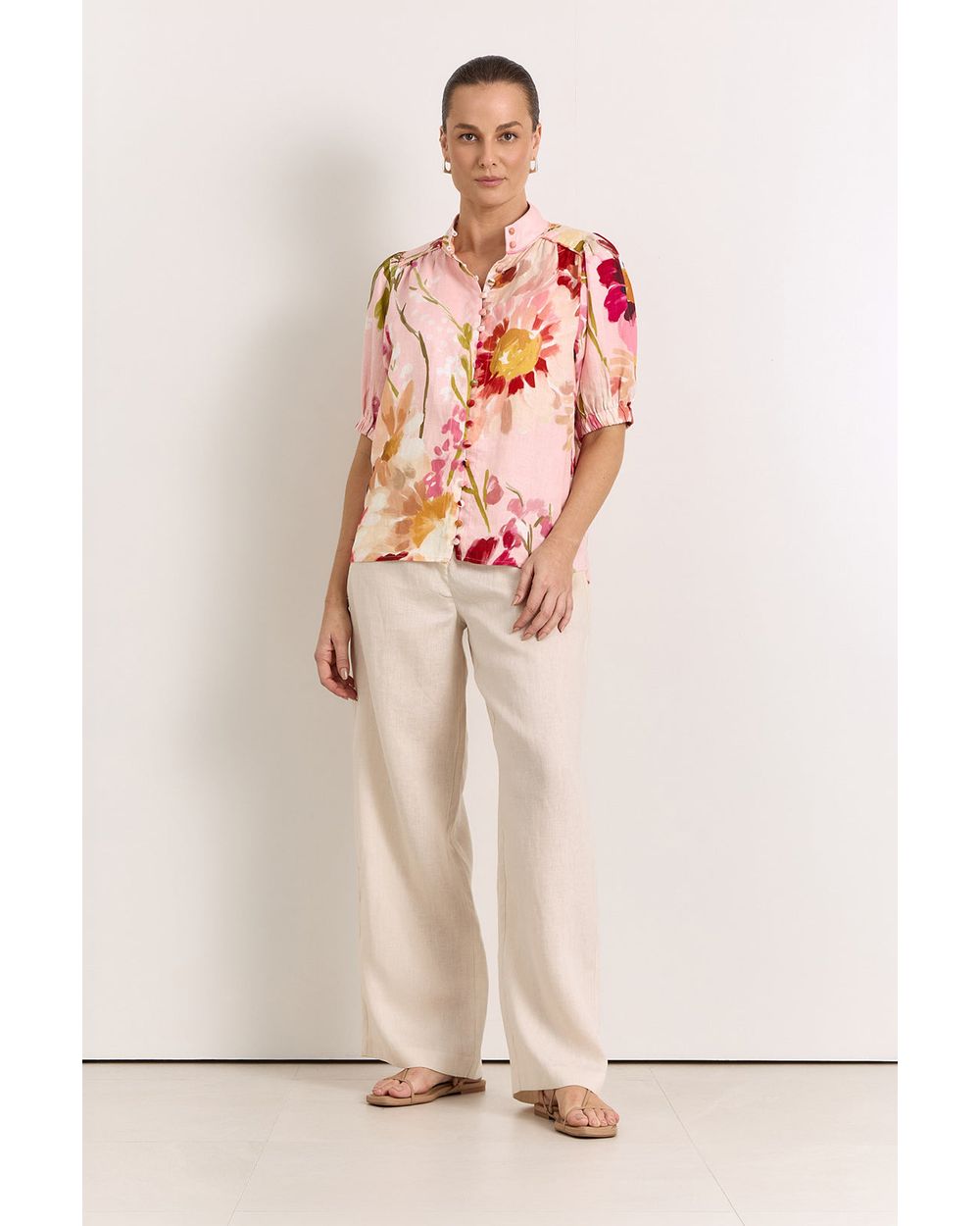 Adorne Lilian Linen Top in Cotswolds print, front view