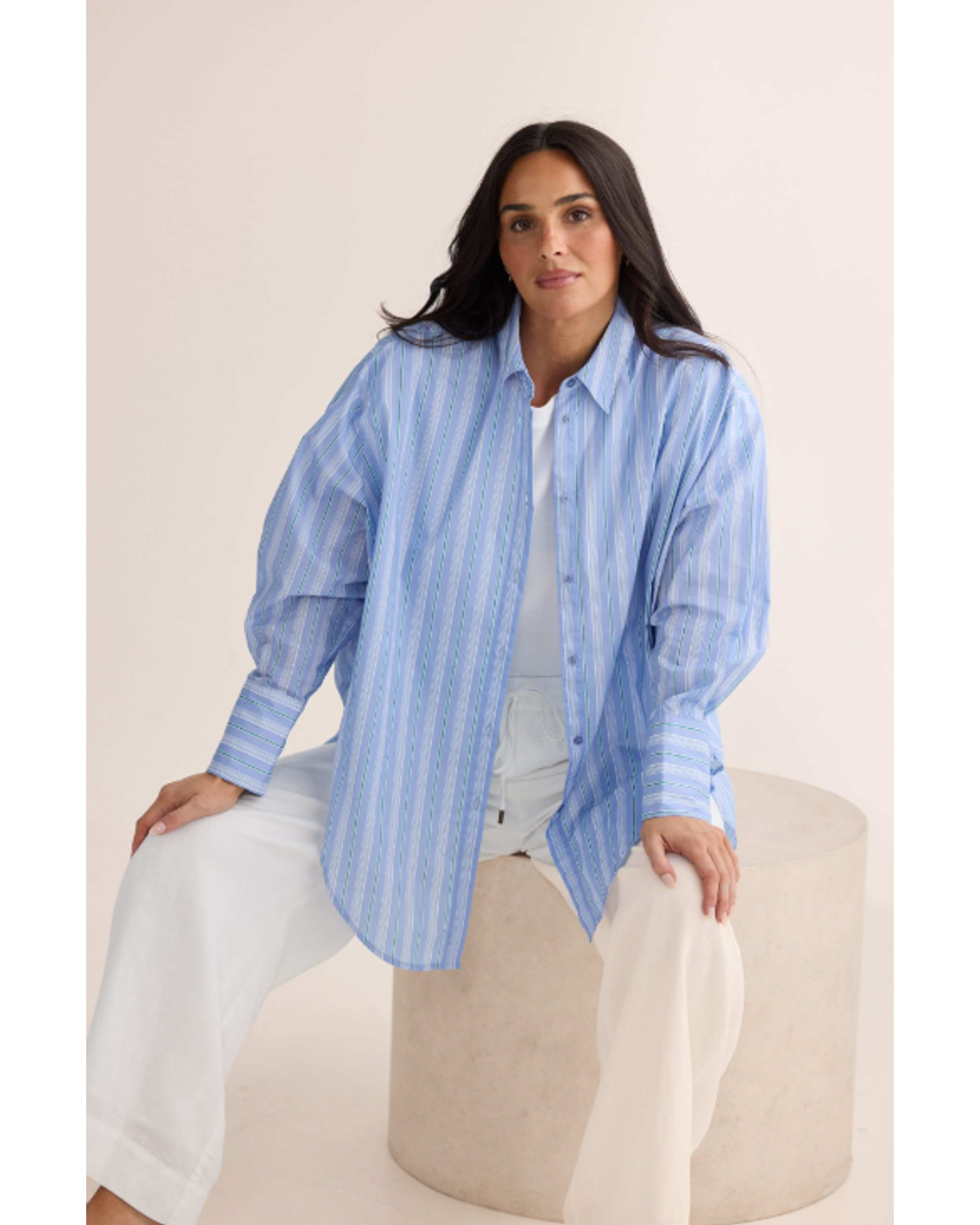 Brave + True Homestead Shirt in Light Blue Stripe, detail view