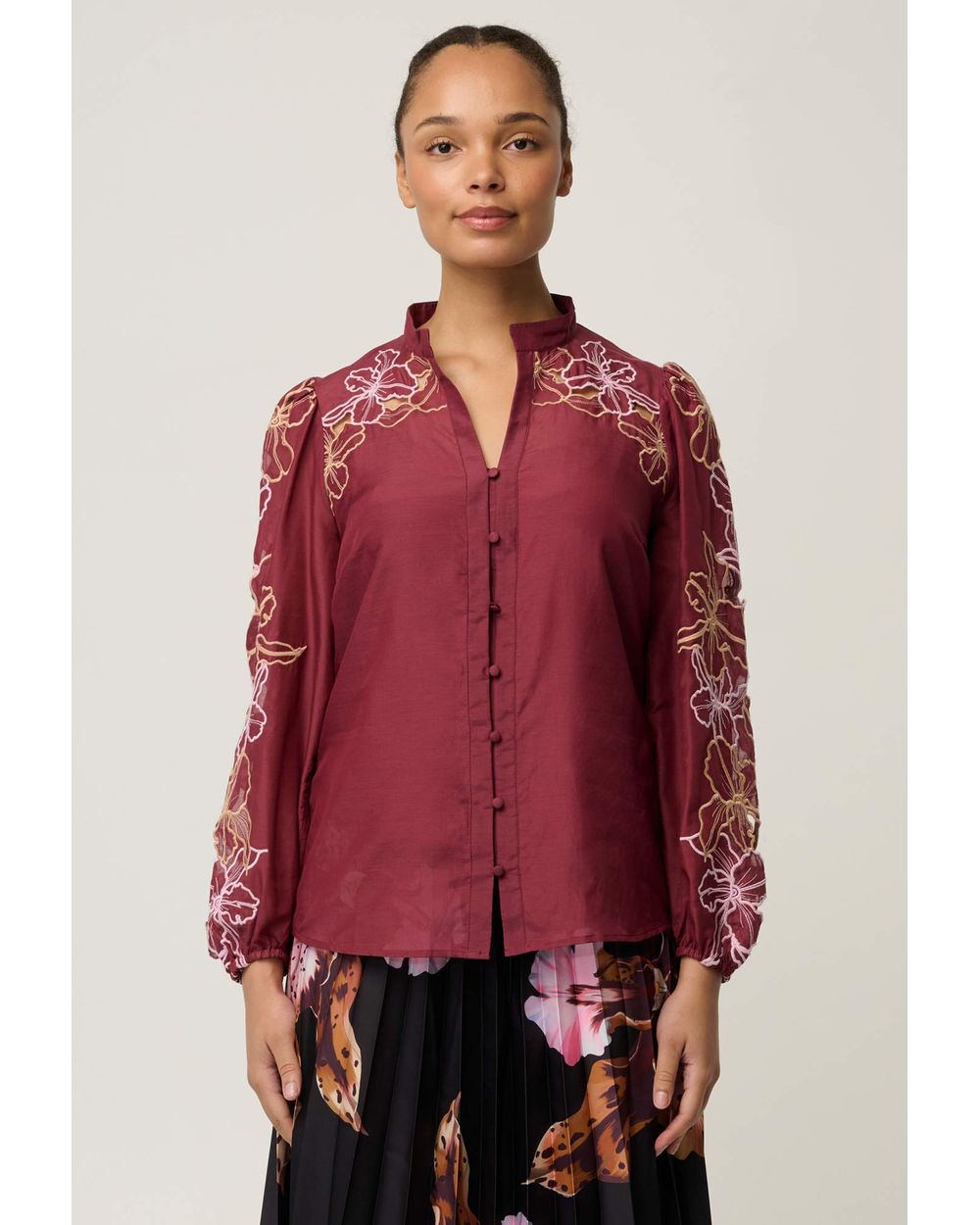 Maren Embroidered Cotton Silk Blouse (Garnet Orchid)