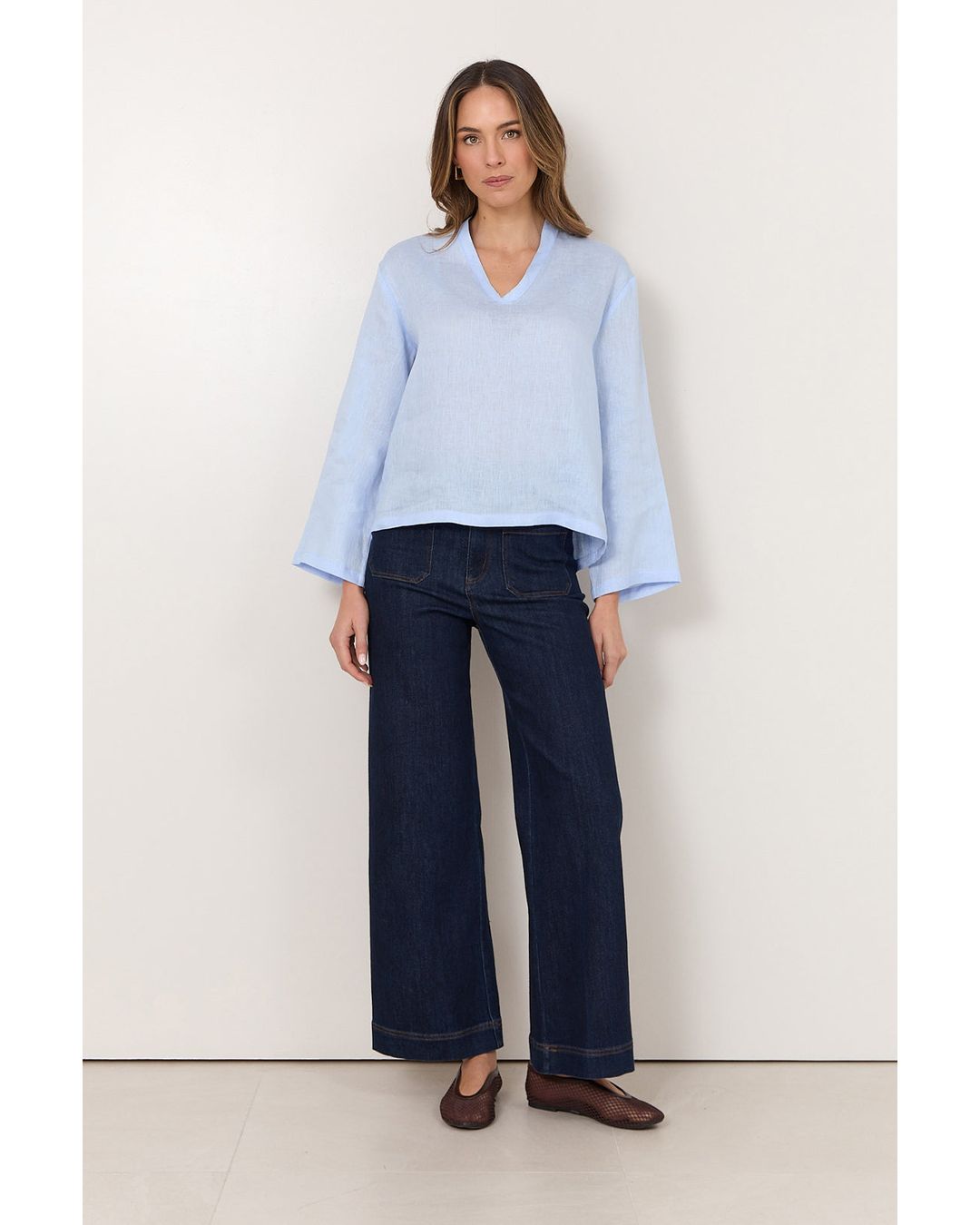 Adorne Luka Lightweight Linen Top in Light Blue