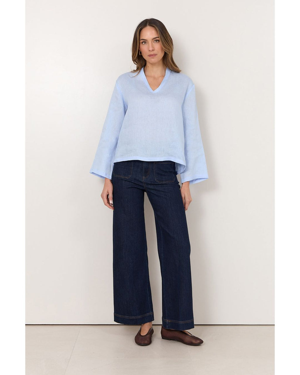 Adorne Luka Lightweight Linen Top in Light Blue
