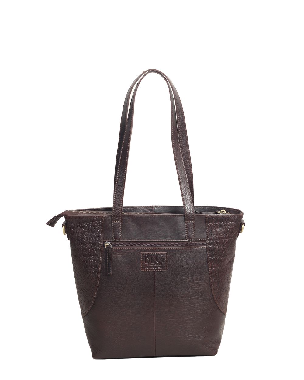 Baron Embossed Heritage Tote in Deep Brown leather, detail