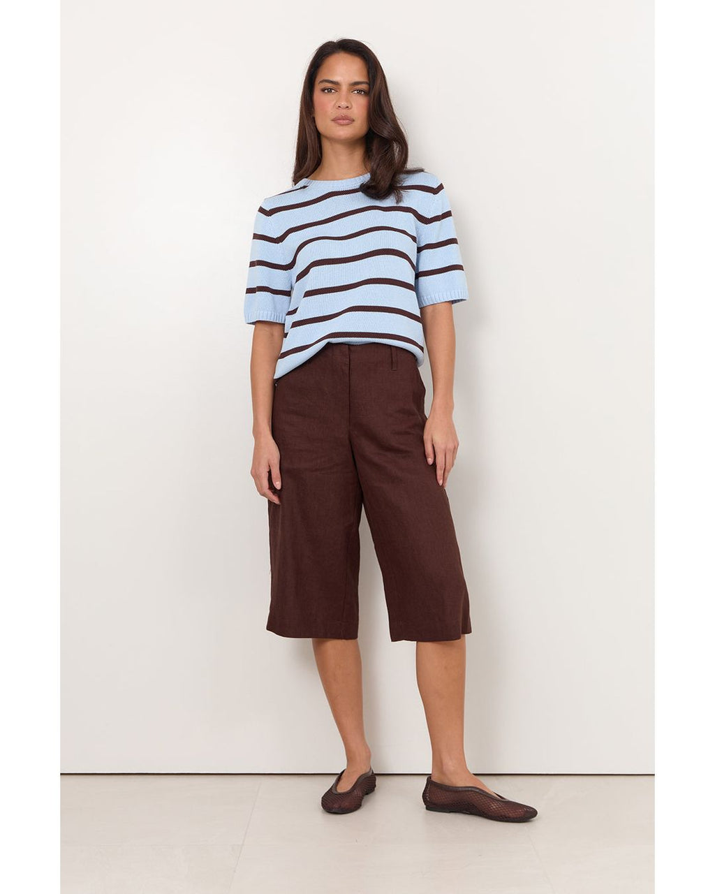 Adorne Kai Stripe Knit Top in Blue/Chocolate